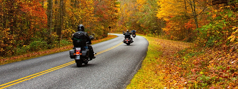 A beautiful day of Fall colors greets motorcycle riders on The Blue Ridge Parkway